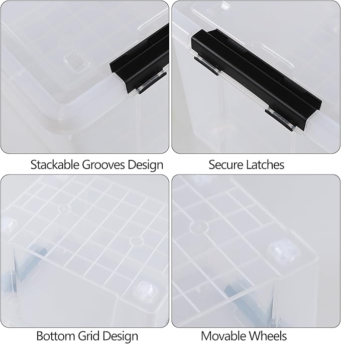 34 Quart Plastic Latching Storage Box with Wheels, 4-Pack Clear Storage Bins with Lids