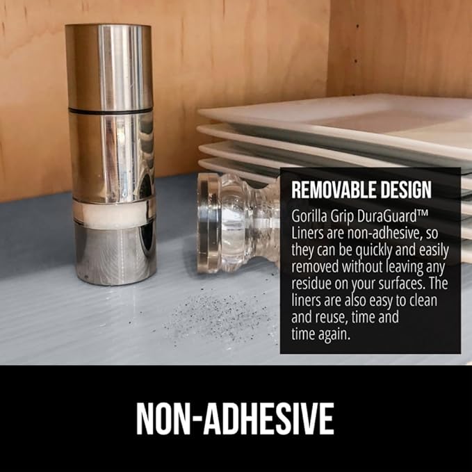 GORILLA GRIP DuraGuard Shelf Liner, Non-Adhesive Cabinet Liners for Kitchen Drawers, Shelves, Refrigerator, Pantry Storage, Bathroom Closet, Durable Waterproof BPA Free Ribbed Plastic, 20x10 Gray