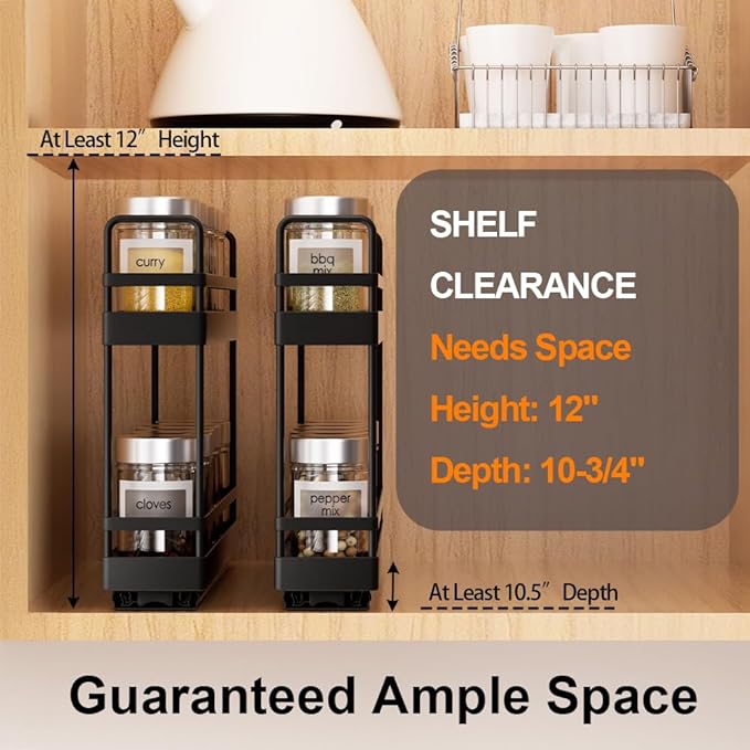 Finnhomy Pull Out Spice Racks for Inside Cabinets, Whole Metal Manufacturing, Vertical Spice Rack Pull Out, Spice Organizer, 2.16" W × 10.39" D × 9.76" H, 2 Drawers & 2 Tiers, 2 Pack, Black