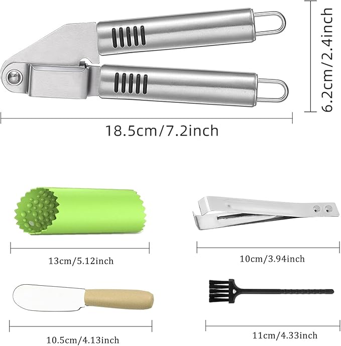 MANJIA Garlic Press and Peel Set Stainless Steel- Rust Proof Garlic Mincer Tool - Easy-Squeeze, Easy-Clean Silicone Garlic Peeler & Brush (Green)