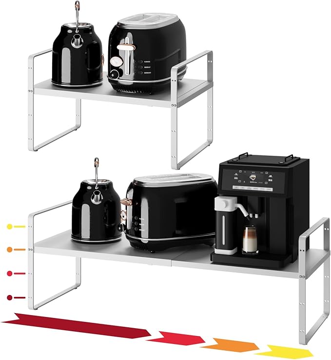 taiheis 16.5~27.1" Expandable Shelf Organizer, 1Pack 10.2" Wide Stackable Cabinet Shelf Organizers, White Metal Sturdy Kitchen Counter Storage for Countertop, Adjustable Height Spice Rack