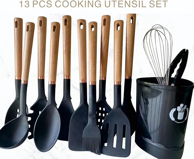 Jiufei Home Silicone Cooking Utensils Set, Kitchen Utensils Set 13 Pcs for cooking, BPA Free Spatula Set with Heat Resistant Wood Handles for Nonstick Cookware (Black)