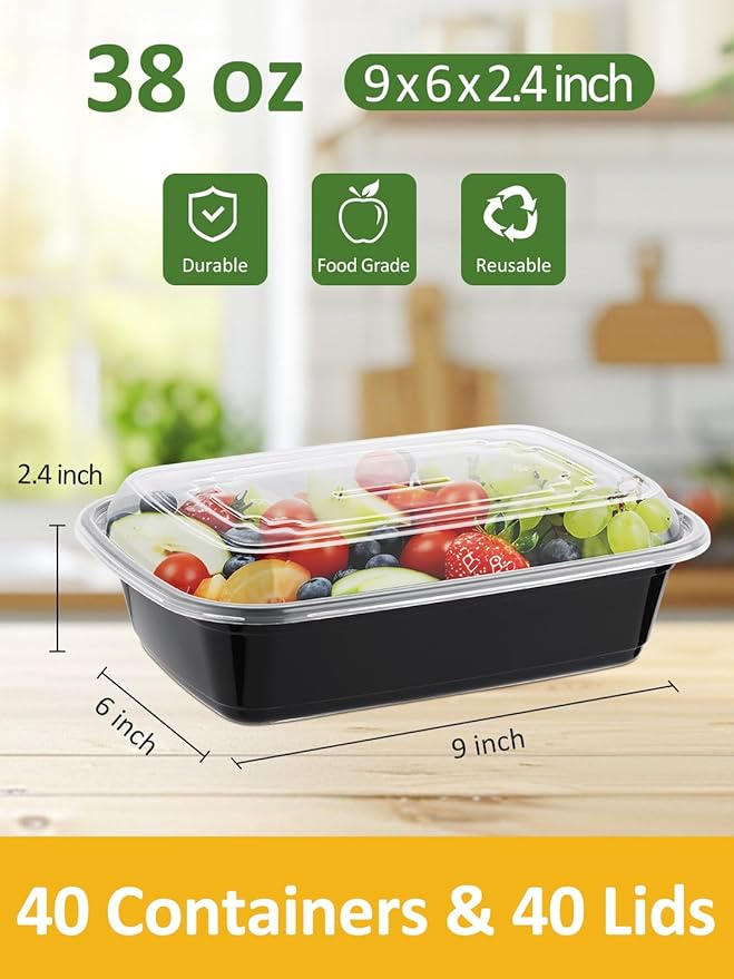 NEEBAKE 40 Sets 38oz Meal Prep Container - Reusable Plastic Food Storage Containers with Lids, Fits Microwave, Freezer and Dishwasher Safe