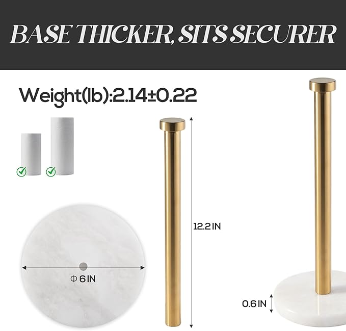 Koville African Genuine Marble Paper Towel Holder Countertop, 6" Stone Base Gold Rod Paper Towel Holder Stand for Kitchen Storage, for Standard or Jumbo-Sized Rolls