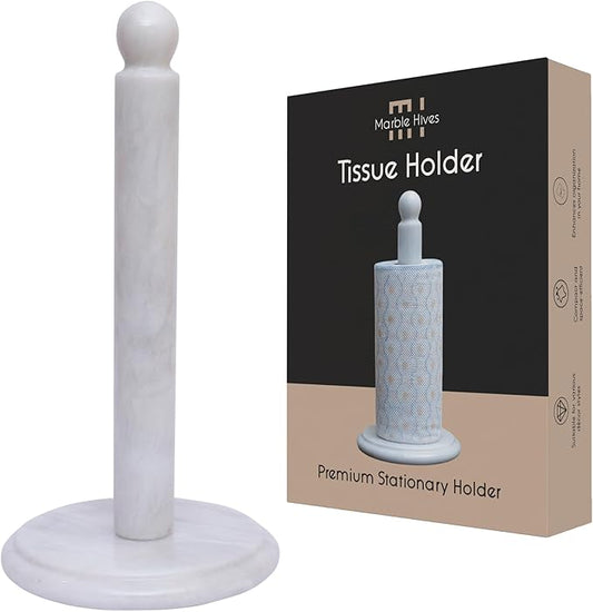 Marble Kitchen Paper Towel Rack Holder Handmade Paper Roll Holder with Stand Non-Slip - Wrapping Paper Holder for Kitchen Countertop, Cabinet & Bathrooms - Hand Towel Rack Standup Holder (White)