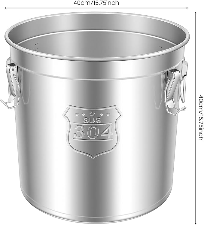 Stainless Steel Airtight Canister for Kitchen, 48L/12.68Gal Metal Food Storage Container Flour Bucket with Lid & Clamps, Bean Rice Canister Holder for Kitchen Restaurant, D15.8*H15.8in