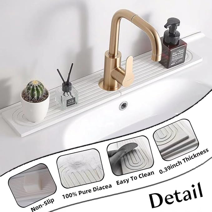 Stone Faucet Mat for Kitchen Sink, 15.7'' Long Absorbent Diatomite Sink Faucet Mat, Quick Drying Faucet Splash Guard for Kitchen,Bathroom Counter, Prevents Moisture, Super Absorbent, White