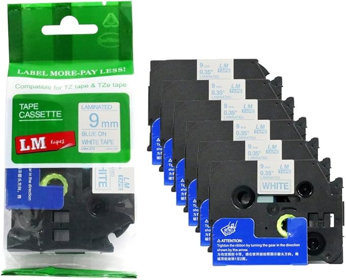 6/Pack LM Tapes - LMe-223 Premium 3/8" Blue Print on White Label Compatible with Brother TZe223 Tape and Includes Tape Color/Size Guide. Replaces TZ-223 9mm 0.35 Laminated.