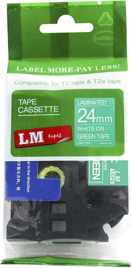 1/Pack LM Tapes - LMe755 Premium 1" White Print on Green Label Compatible with Brother TZe-755 P-Touch and Includes Tape Color/Size Guide. Replaces TZ-755 24mm 0.94 Laminated Ptouch.
