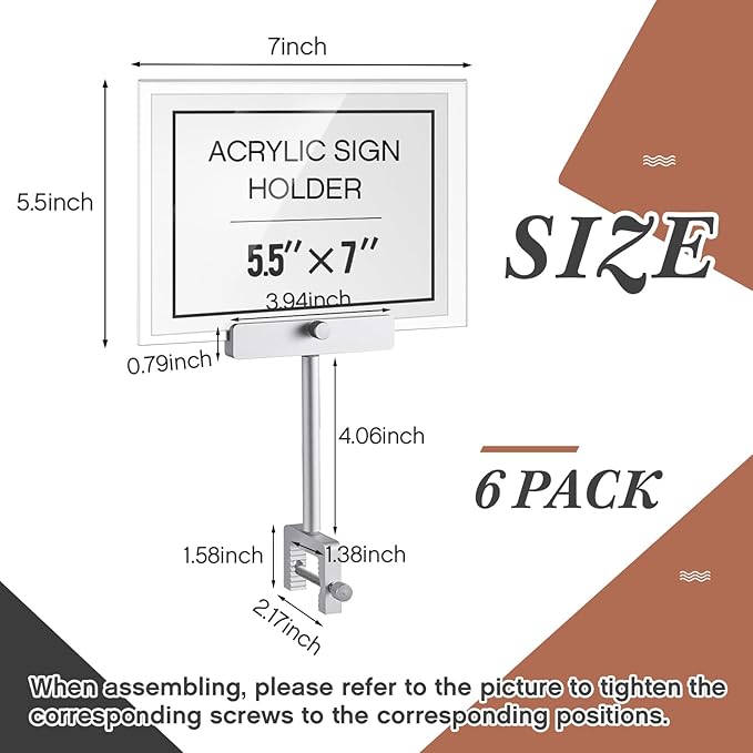 6 Set 5.5 x 7 Inch Aluminum Alloy Retail Sign Holder with Clamp Acrylic Frame Clothing Rack Clip on Sign Holder for Retail Stores Price Card Display(Silver)