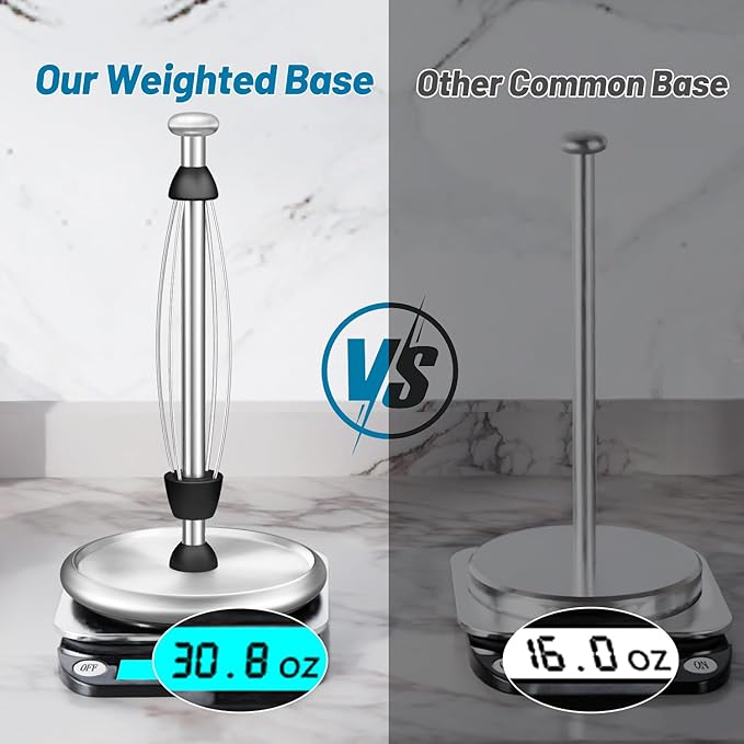 VEHHE Simply Tear Paper Towel Holder Countertop with EVA Non-Slip Pad, Damping Function Paper Towel Stand with Weighted Base for Bathroom and Kitchen (Silver)