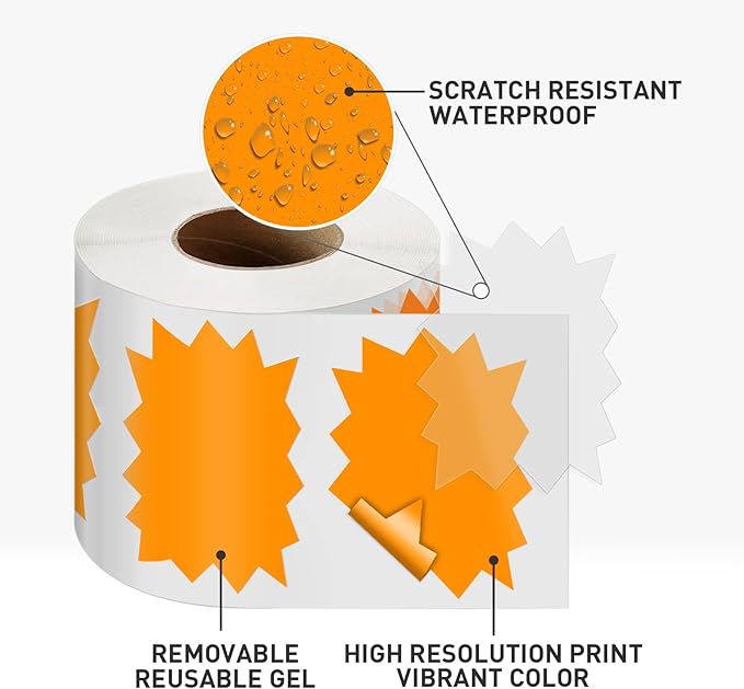 Price Tags Stickers Orange 4 x 3 Inches Self-Adhesive Large Sale Sticker Starburst Signs Removable Waterproof Labels for Retail Store Market Business 500 PCS