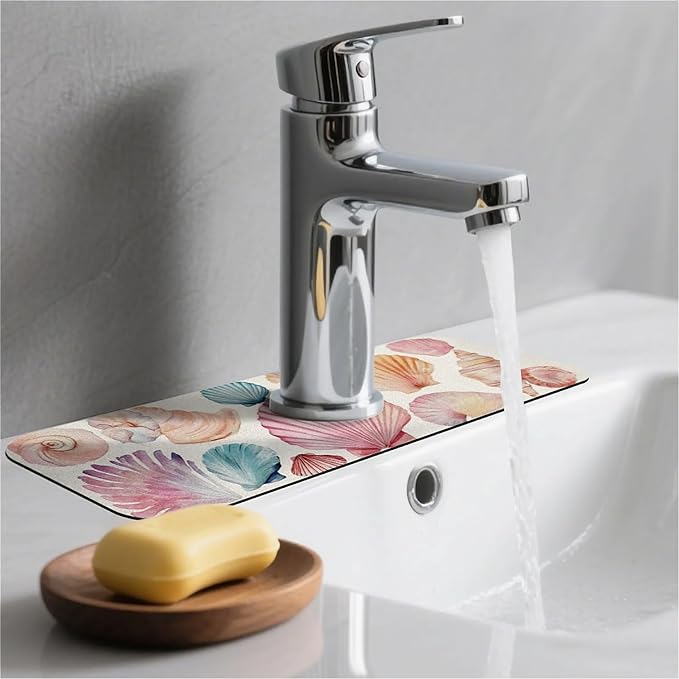 Kitchen Sink Splash Guard，watercolor seashells Faucet Mat Sink Gadgets-Super Absorbent Fast Drying Mat Drip Catcher for Kitchen, Bathroom,Sink Mat, Dish Drying Mat, Bathroom(15" X 5.5" )