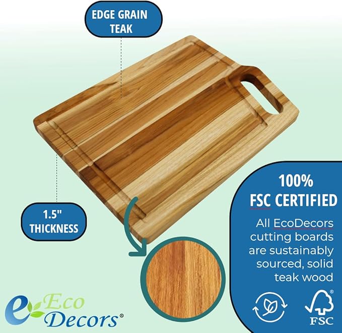 EcoDecors 18"x14" Extra Large Teak Cutting Board, Edge Grain Wood with Juice Groove & Handle, FSC Certified for Kitchen, Carving & Butcher Block Prep