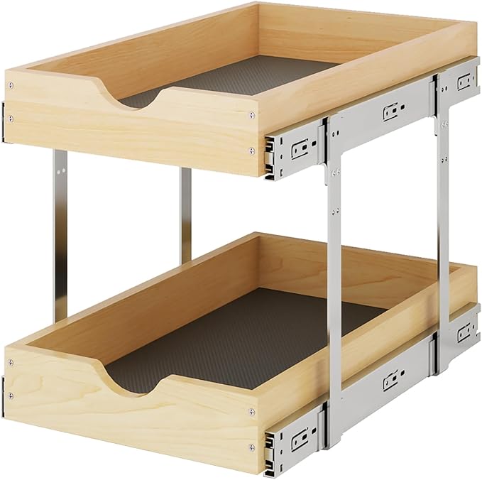 YORKING 2 Tier Pull Out Cabinet Organizer,17" W x 21" D Wooden Cabinet Pull Out Shelves,Heavy-Duty Slide out Wood Drawer Shelf,Pull Out Drawer for Cabinets,Pantry, Bathroom,Kitchen