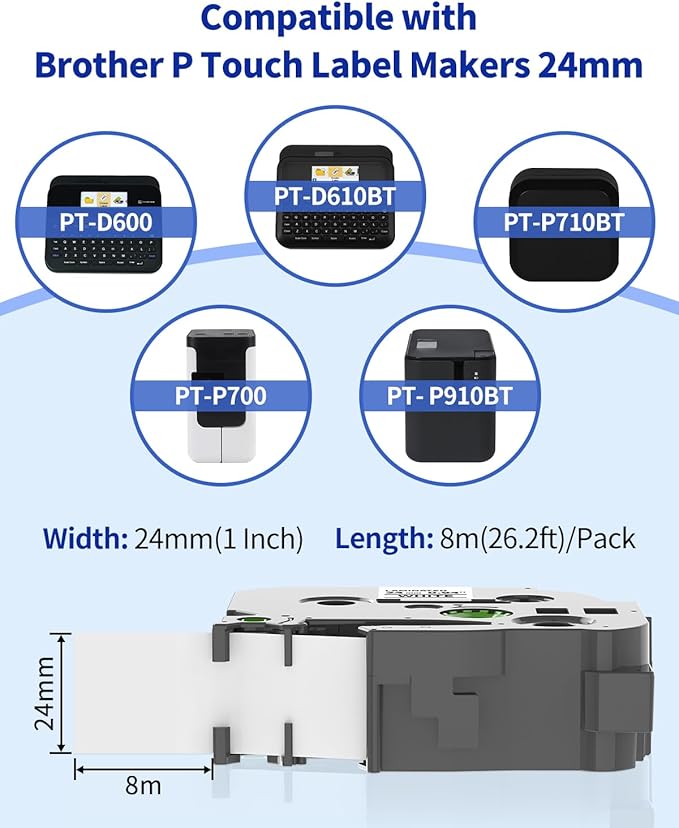 TZe-251 Label Maker Tape 24mm 0.94 Laminated White Replacement for Brother P Touch TZe TZ Label Tape TZe251 Black on White 1 Inch TZe Tz Tape for PT D610BT D600 700 P710BT PTP750W, 4-Pack