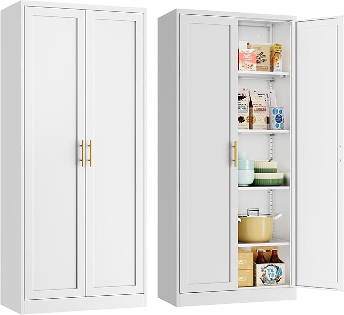 Metal Kitchen Pantry Cabinet, 71"Tall Cabinet with 2 Doors and 4 Adjustable Shelves, Pantry Cabinets for Kitchen Storage, Metal Storage Cabinet for Kitchen, Dining Room, Living Room and Bathroom-White