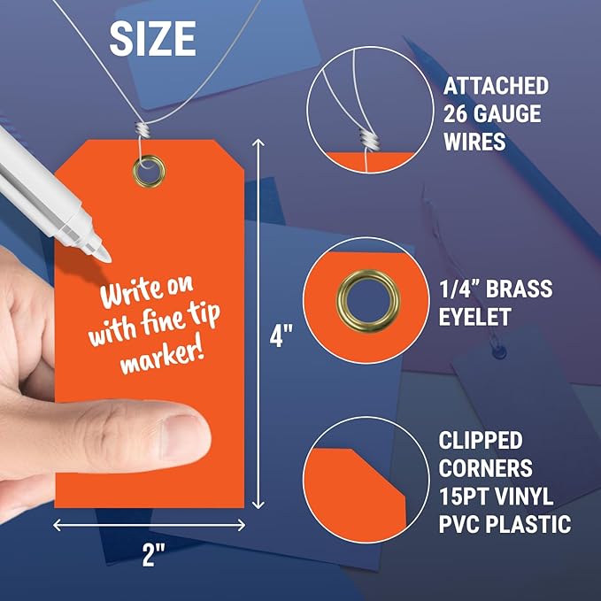 Tags 4 Less 15 Mil Blank Plastic Hang Tags with Attached Wires – 2" x 4" Heavy Duty Waterproof Hanging Labels for Outdoor Tagging, Equipment, Luggage, Valves & More (Orange, Pack of 50)