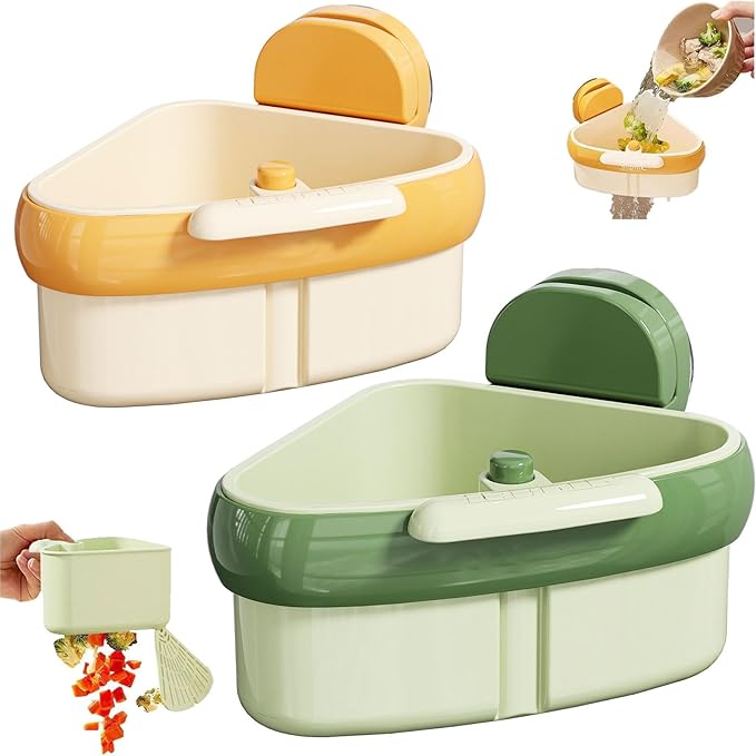 LLQ 2PACK Sink Strainer Basket,2025 New Upgraded Suction Cup Press Sink Drainer Basket,Automatic Dumping Sink Strainer Basket,Faucet Sponge Storage Rack (Yellow + Green-2pcs)