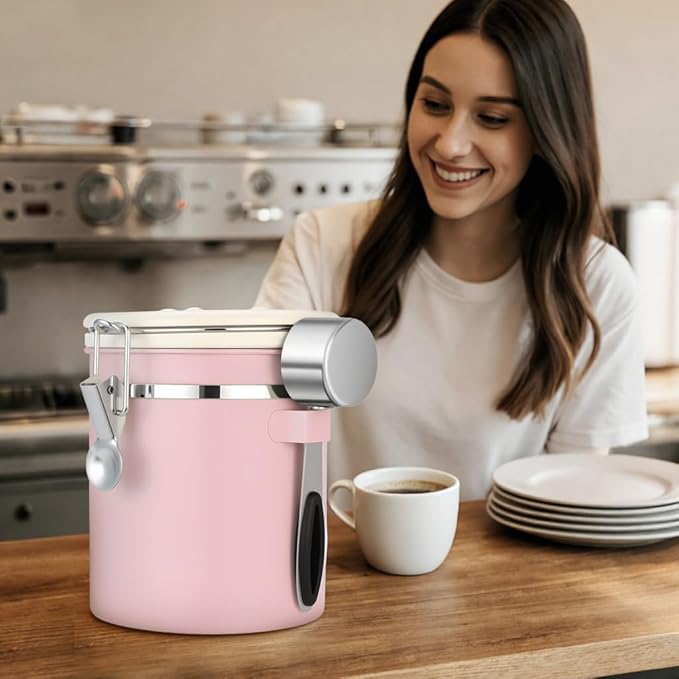 ShanSon Coffee Canister Airtight Coffee Container Stainless Steel Coffee Bean Storage Container with Scoop Coffee Canister for Beans Grounds Sugar Flour Tea Cereal,16OZ, Pink