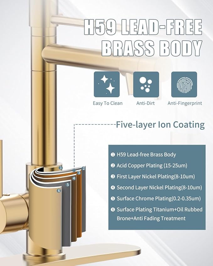 Kitchen Faucet with Soap Dispenser, Brushed Gold Kitchen Faucet, Kitchen Faucets with Pull Down Sprayer and Deck Plate, Stainless Steel Spring Camper Laundry RV Faucets for Kitchen Sinks