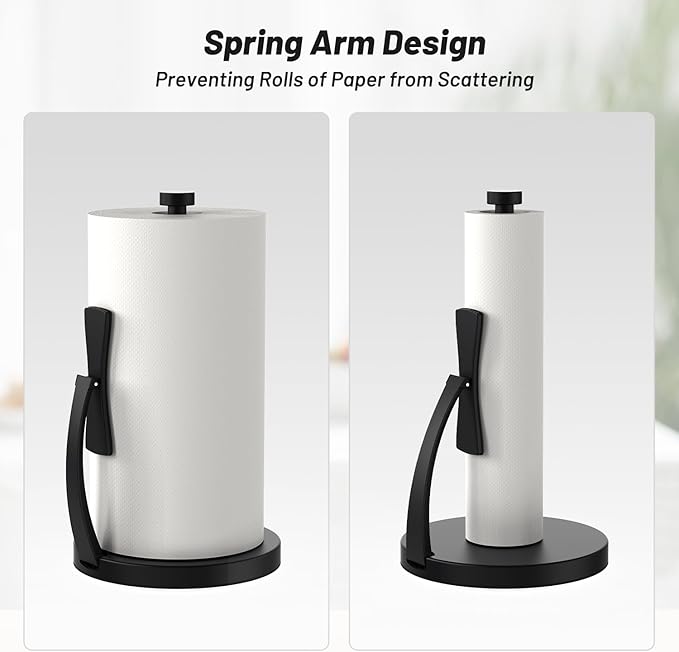 VEHHE Paper Towel Holder Countertop, Black Paper Towel Holder with Spring Activated Arm and Damping Effect, Simply Tear Paper Towel Stand for Bathroom and Kitchen (Black)