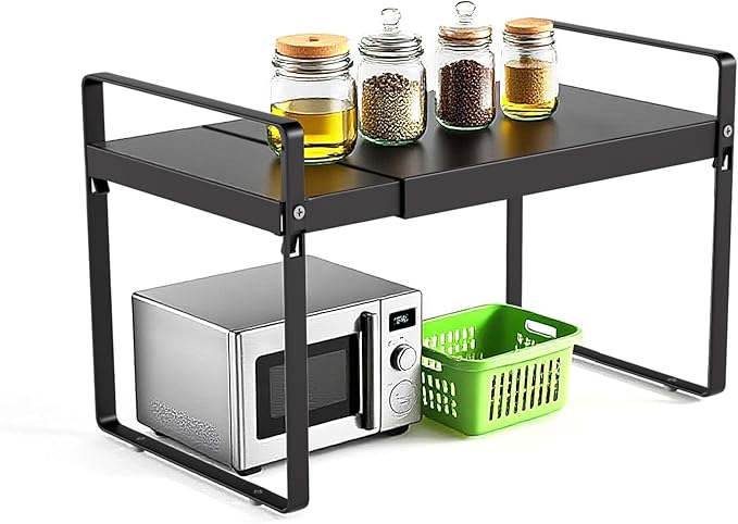 Expandable Cabinet Shelf Organizer 14-25 Inch Adjustable Length, 9" Wide 2-Tier (8" Bottom Layer) Metal Storage Rack for Kitchen Pantry, Under Sink Countertop - Heavy Duty Black(1 Pack)