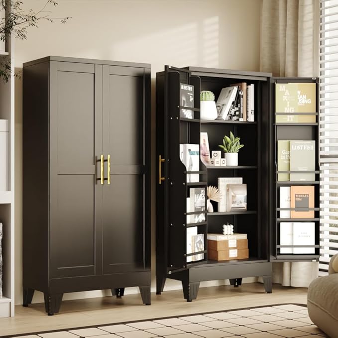 PAOFIN 47" Kitchen Pantry Cabinet, Metal Storage Cabinet with 3 Adjustable Layer Shelves, 8 Door Shelves, Buffet Sideboard for Living Room, Kitchen, Black