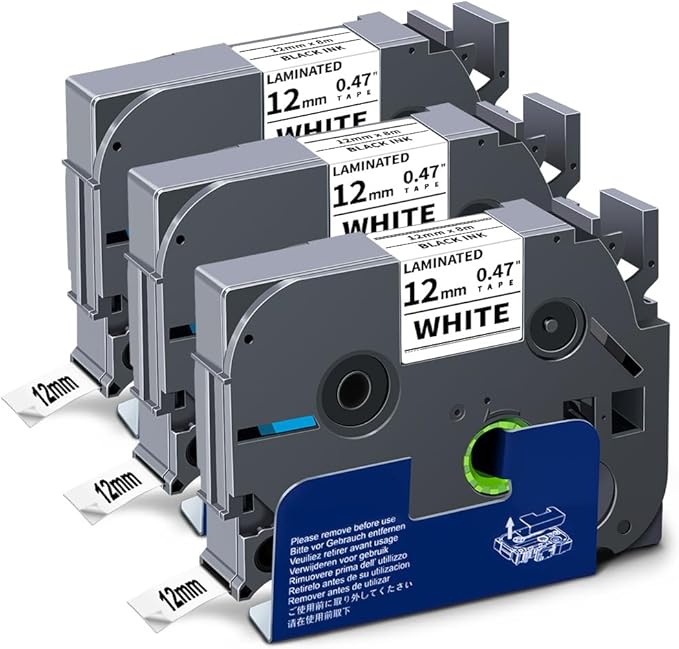 Tze Label Maker Tape Compatible with Brother TZe-231 TZe231 TZ TZe Tape 12mm 0.47 Laminated White Refill Work for P Touch Label Tape PT-D220 D210 H110 D200 D400 1280 D610BT, 1/2" (12 mm x 8m), 3 Pack