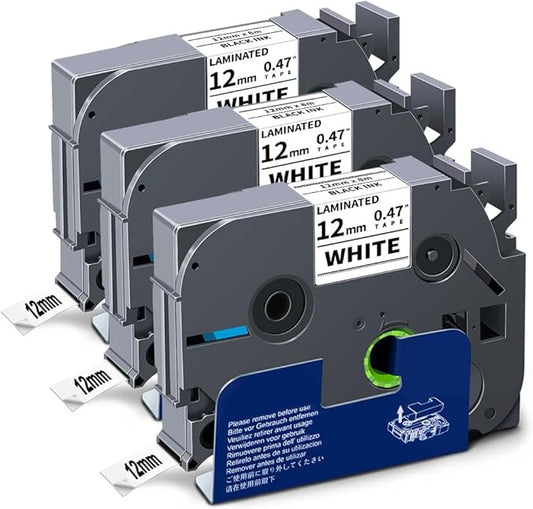 Tze Label Maker Tape Compatible with Brother TZe-231 TZe231 TZ TZe Tape 12mm 0.47 Laminated White Refill Work for P Touch Label Tape PT-D220 D210 H110 D200 D400 1280 D610BT, 1/2" (12 mm x 8m), 3 Pack
