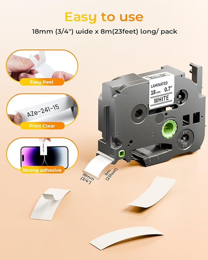 Replace for Brother Label Maker Tape 18mm 0.7 Inch Tz Laminated White with Bag TZe-241 TZe241 P-Touch Black on White for PTD410 PTD400 PTD610BT PTD600 PTP700BT Refill, 18 mm(3/4 Inch) x 8m, 15 Pack
