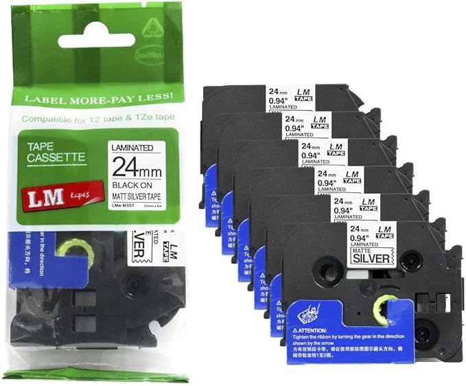 6/Pack LM Tapes - LMe-M951 Premium 1" Black Print on Matte Silver Label Compatible with Brother TZe-M951 P-Touch and Includes Tape Color/Size Guide. Replaces TZM951 24mm 0.94 Laminated