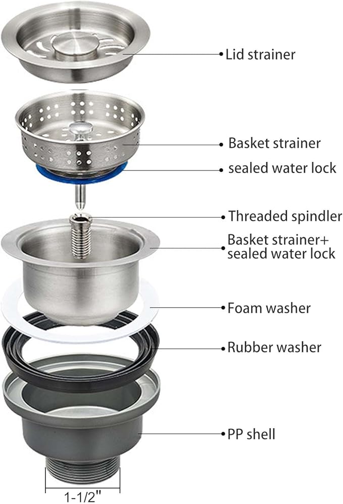 3-1/2 ‘’Kitchen Sink Drain Assembly Kit 304 Stainless Steel Sink Strainer Drain Basket Replacement with Sink Stopper Sealing Lid for Kitchen Bathroom Drain Kit
