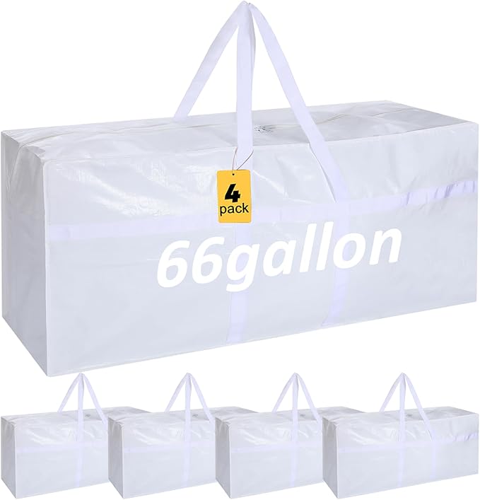 4 Pcs 66 Gallon Extra Large Moving Bags Heavy Duty Storage Bag with Strong Zipper Handle Foldable XXL Jumbo Storage Tote Packing Moving Box for College Dorm Travel Cloth Duffle (White)
