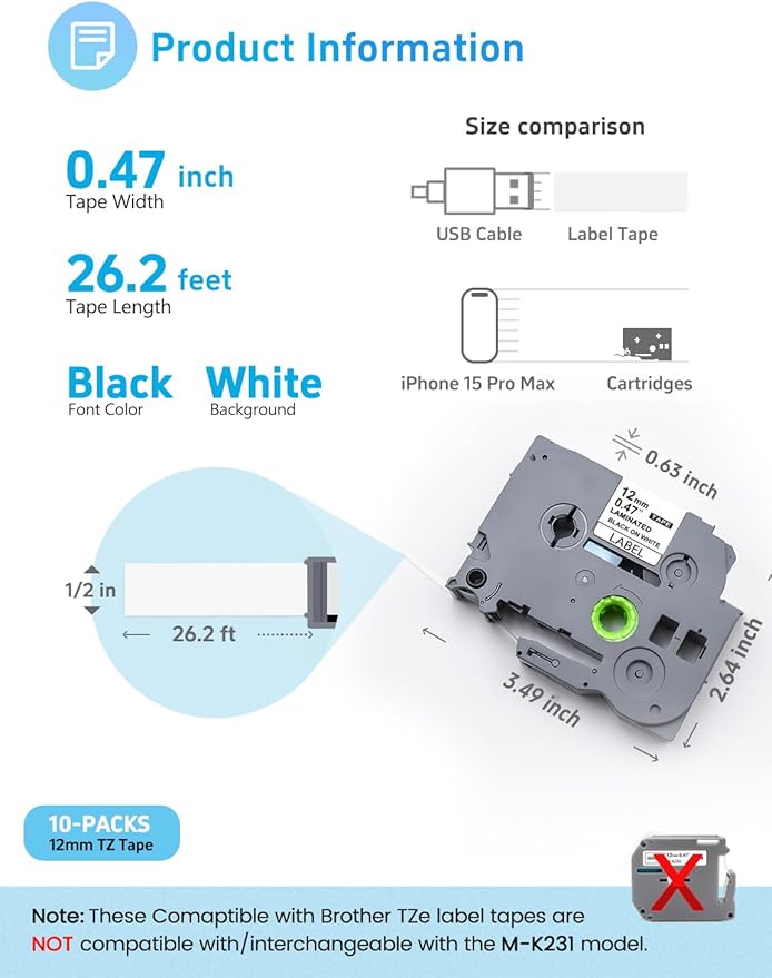 10-Pack Label Maker Tape, Replace for Brother Ptouch TZe-231 (TZE23110PK) ½ inch (0.47 inch) x 26.2 ft. (8m) (Pack of 10) Laminated Tape, Black on White, Waterproof& Fadeproof, No Jam