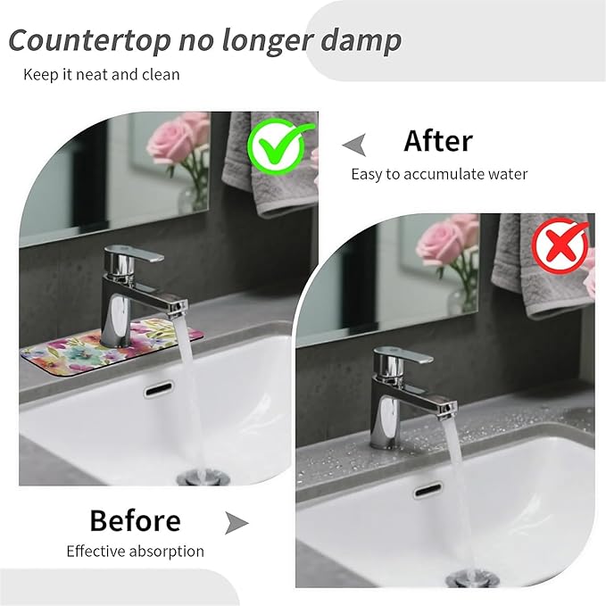 Kitchen Sink Splash Guard，Bright soft flowers Faucet Mat Sink Gadgets-Super Absorbent Fast Drying Mat Drip Catcher for Kitchen, Bathroom,Sink Mat, Dish Drying Mat, Bathroom(15" X 5.5" )