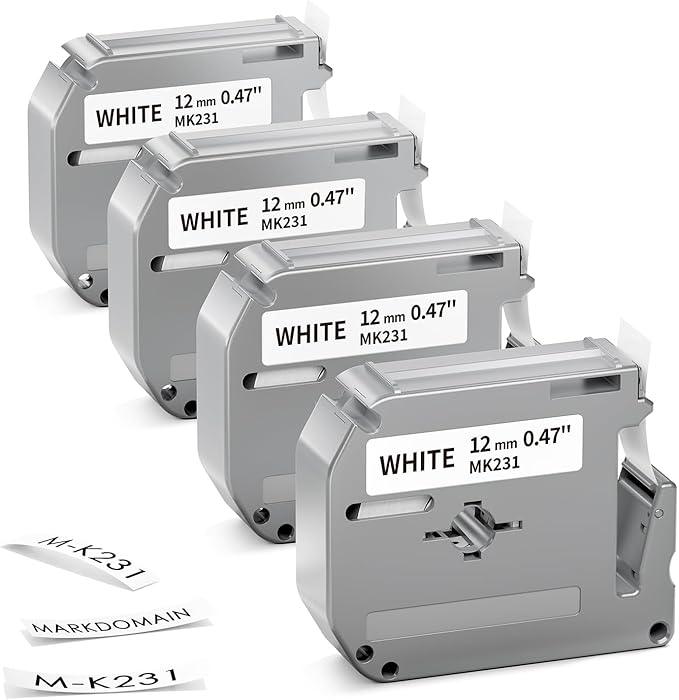 M-K231 PTM95 MK231 Label Tape Compatible with M-K231s Brother M Tape 12mm 0.47 White P Touch M231 M-231 Work for Brother PT-M95 PT-65 PT-45 PT-80 PT-70 PT-90 Label Maker Refills, 4 Pack