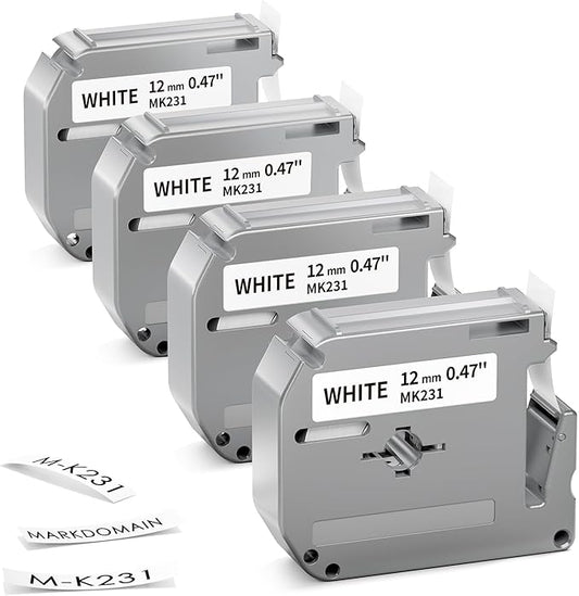 M-K231 PTM95 MK231 Label Tape Compatible with M-K231s Brother M Tape 12mm 0.47 White P Touch M231 M-231 Work for Brother PT-M95 PT-65 PT-45 PT-80 PT-70 PT-90 Label Maker Refills, 4 Pack