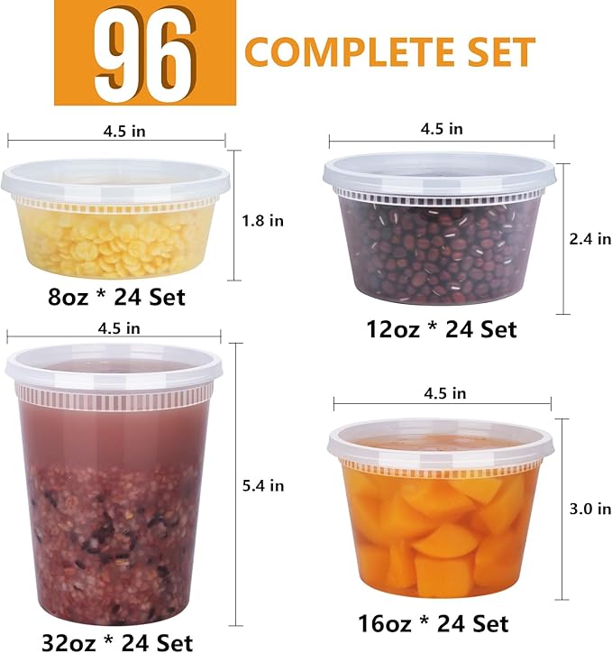 NESCCI 96 Pack (192-Piece) Deli Containers with Lids, 32/16/12/8 oz X 24 Set Each, Leak-Proof & BPA Free Airtight Takeout Plastic Food Storage Containers for Soup, Meal Prep,Microwave/Freezer Safe