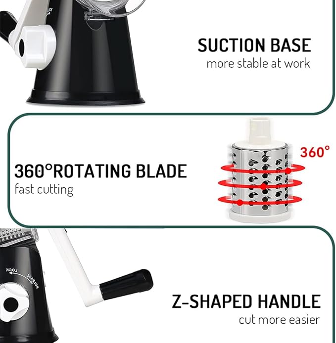 Maxceysen Rotary Cheese Grater with Handle Vegetable Shredder Round Kitchen Slicer Mandoline Grater for Vegetable, Nuts, Chocolate, Chesse, White, 3 Stainless Steel Blades