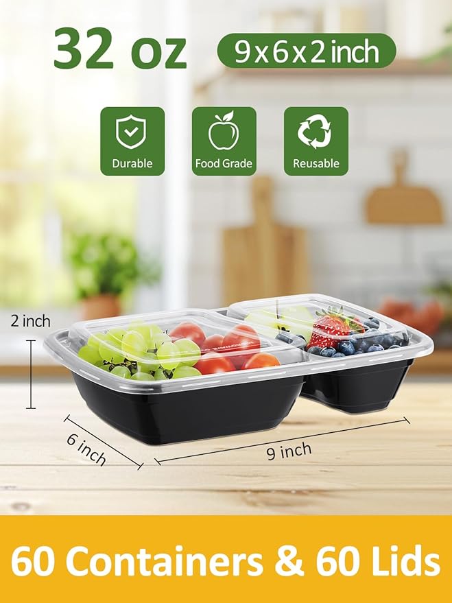 NEEBAKE 60 Sets 32oz Meal Prep Containers 2 Compartment - Plastic Food Storage Containers 2 Compartments with Lids