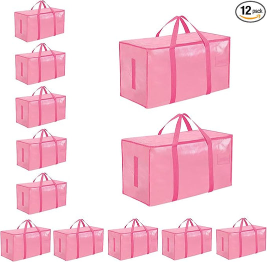 12 Pack-Extra Large Heavy Duty Moving Bags - Waterproof Storage Totes with Handles & Zippers, Foldable for College Dorm, Storage (Pink)