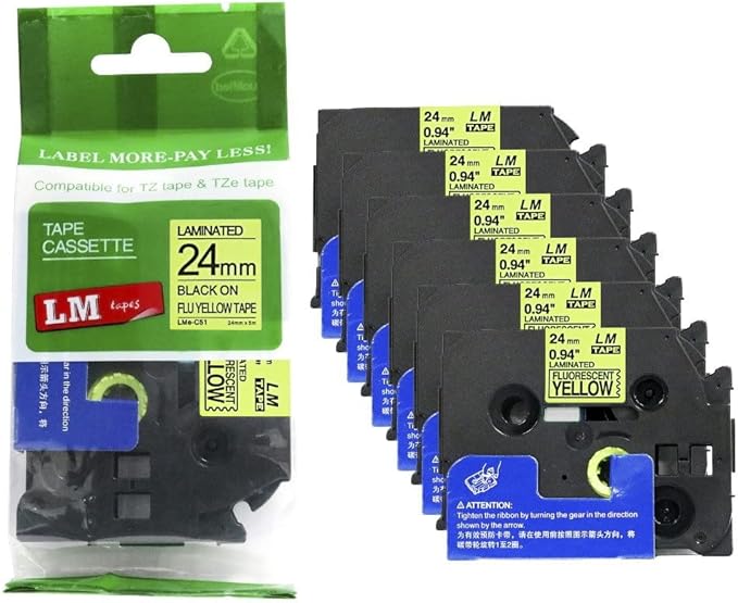 6/Pack LM Tapes - LMe-C51 Premium 1" Black Print on Bright Yellow Label Compatible with Brother TZe-C51 P-Touch and Includes Tape Color/Size Guide. Replaces TZC51 24mm 0.94 Laminated