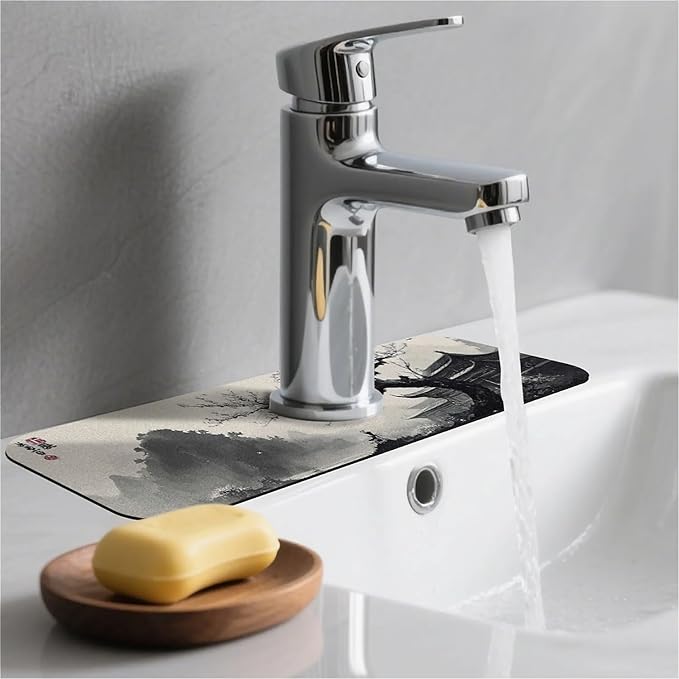 Kitchen Sink Splash Guard，Chinese ink landscape Faucet Mat Sink Gadgets-Super Absorbent Fast Drying Mat Drip Catcher for Kitchen, Bathroom,Sink Mat, Dish Drying Mat, Bathroom(15" X 5.5" )