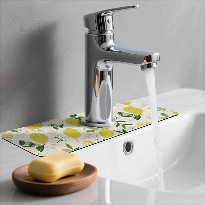 Kitchen Sink Splash Guard，Cartoon Lemon Faucet Mat Sink Gadgets-Super Absorbent Fast Drying Mat Drip Catcher for Kitchen, Bathroom,Sink Mat, Dish Drying Mat, Bathroom(15" X 5.5" )