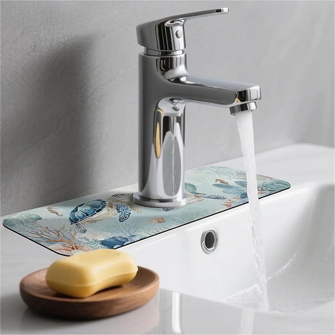 Kitchen Sink Splash Guard，two turtles Faucet Mat Sink Gadgets-Super Absorbent Fast Drying Mat Drip Catcher for Kitchen, Bathroom,Sink Mat, Dish Drying Mat, Bathroom(15" X 5.5" )