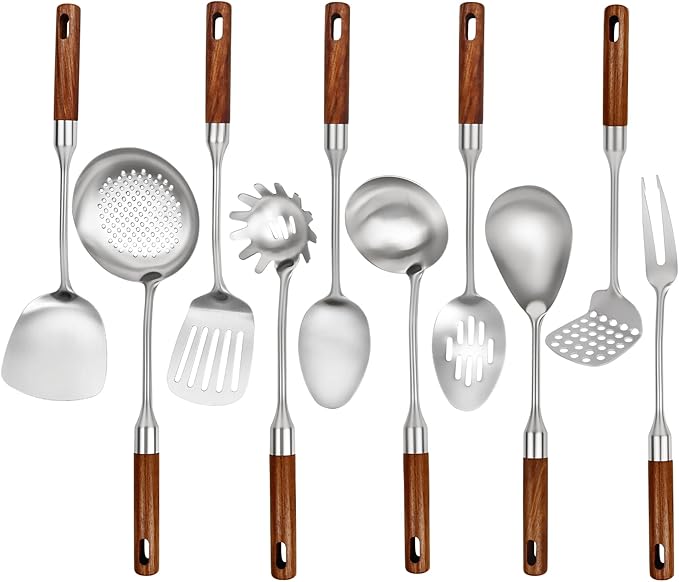 18 10 Stainless Steel Kitchen Utensils Set with Wood Handle,10PCS Metal Cooking Utensils Set, Stainless Steel Cooking Utensils Sets Heat Resistant Wok Tools(12-15in)