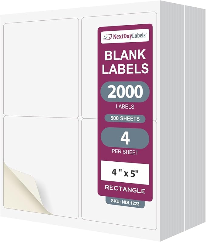 NextDayLabels 4x5 Inch Rectangle Stickers White Blank Labels for Laser Inkjet Printer - 4 Per Sheet Self-Adhesive Shipping Product Packaging Made in USA - 2000 Labels