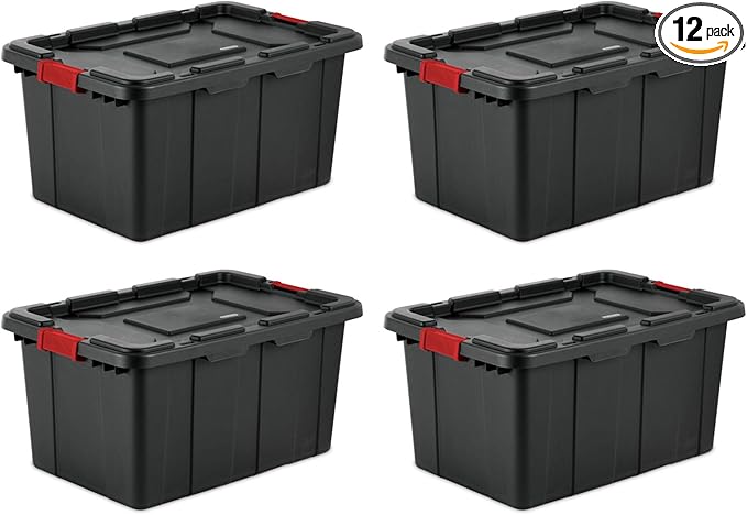Sterilite 12-Pack Industrial Tote, Plastic Storage Bins with Lids, 27 Gallon, Black - Heavy-Duty Organizing Containers for Closet, Bathroom, and Office