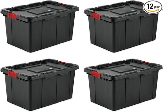 Sterilite 12-Pack Industrial Tote, Plastic Storage Bins with Lids, 27 Gallon, Black - Heavy-Duty Organizing Containers for Closet, Bathroom, and Office
